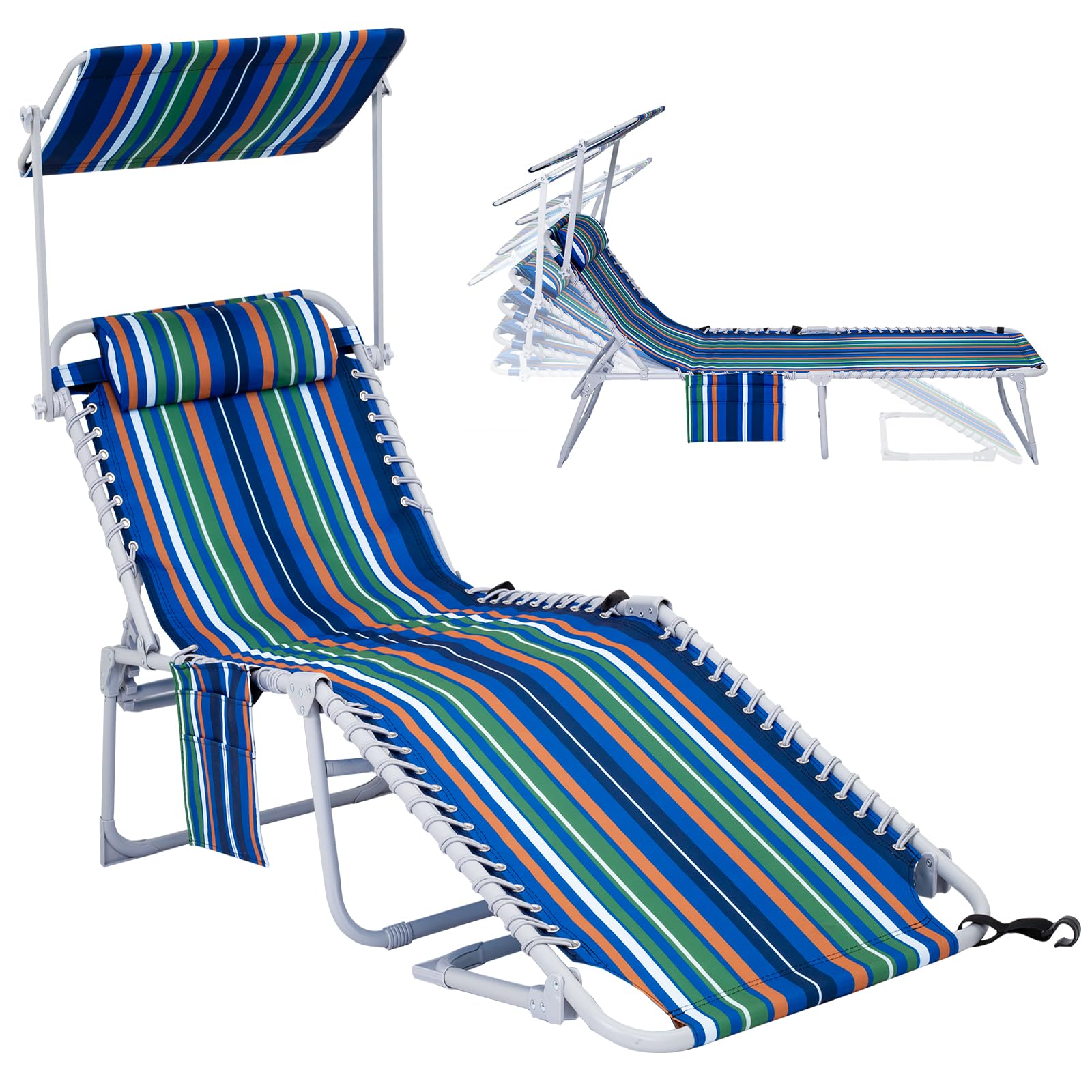 Amazon WEJOY Folding Lounge Chair with Canopy Shade Portable Adjustable 5 Position Patio Chaise Lounger with Pillow Storage Pocket for Lay Flat Outdoor Lawn Backyard Beach Camping Pool Tanning
